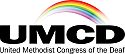 logo of the Congress of the Deaf, a rainbow representing the varieties of hearing conditions, over the letters UMCD